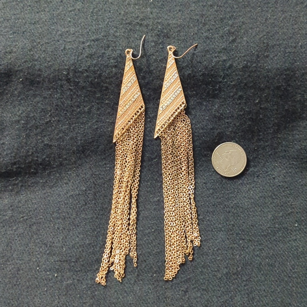 Gold Tone Clear Rhinestone Triangle Chain Fringe Shoulder Duster Earrings - Picture 4 of 4